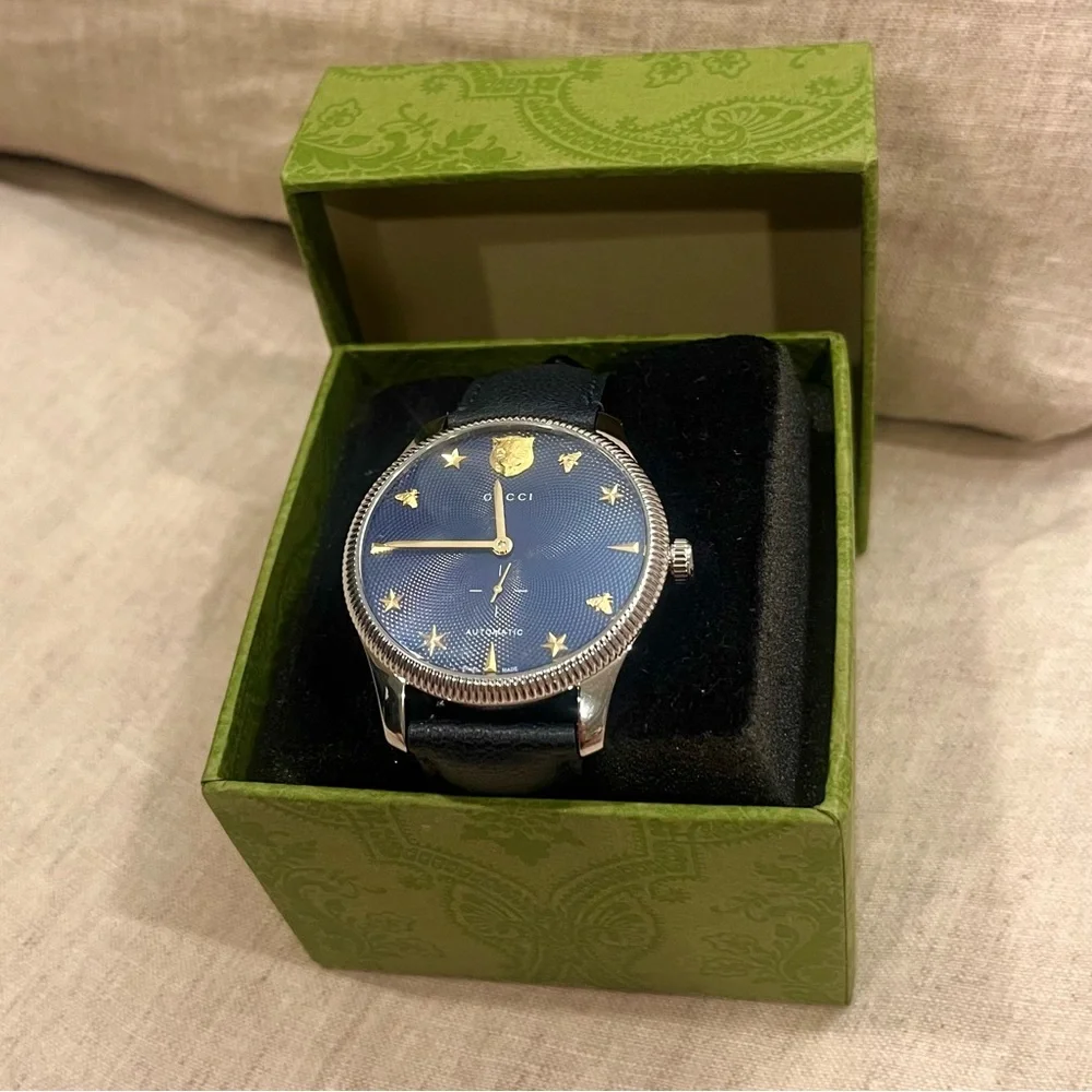 $3950 Gucci G-Timeless 40mm Charm Dial Automatic Watch, Deep Navy Blue